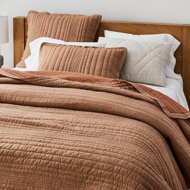 European Flax Linen Linework Quilt, King, Terracotta Melange