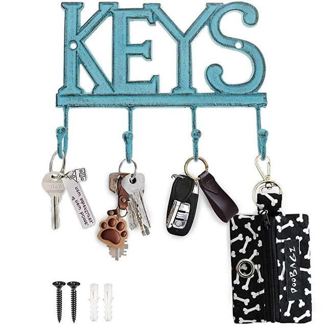 Comfify Key Holder for Wall “Keys Decorative Farmhouse Rustic Wall Mounted Key Holder - 4 Key Hooks - Home Vintage Key Rack for Entryway with Screws and Anchors – 6x8”- (Antique Blue)