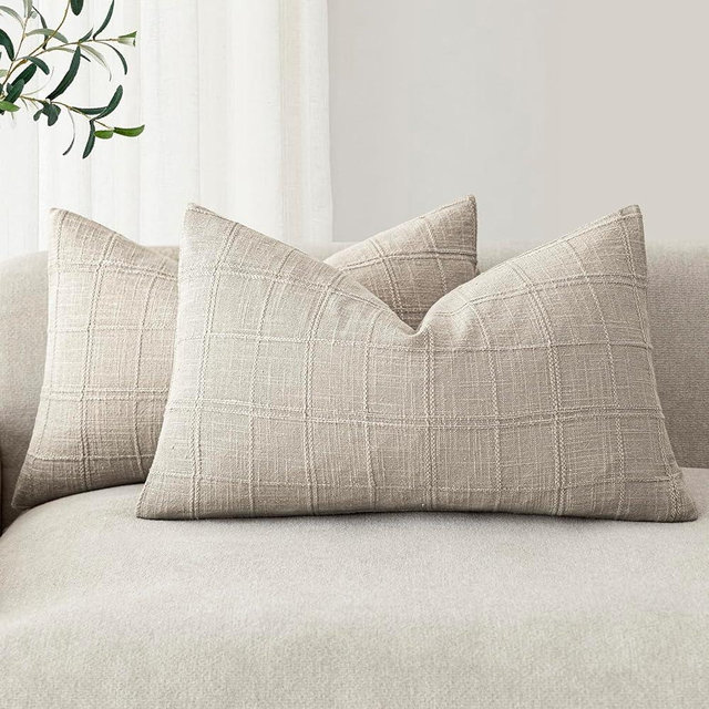Foindtower Set of 2 Decorative Linen Check Throw Pillow Covers Neutral Farmhouse Lumbar Cushion Covers Modern Coastal Boho Home Decor for Sofa Chair Couch Bedroom Living Room,12×20 Inch,Light Grey