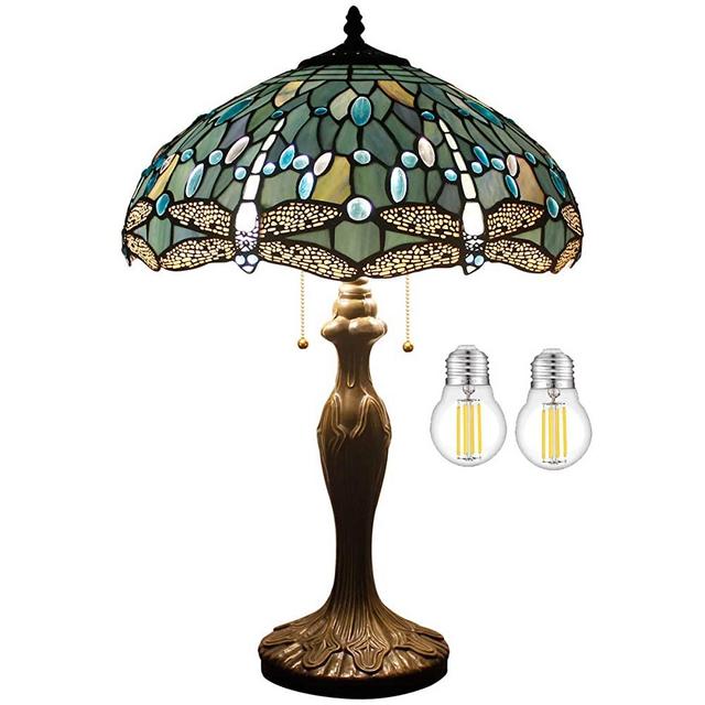 Tiffany Lamp for Living Room Table Top Stained Glass Bedside Table Lamp Bedroom, Industry Metal Base 24" Tall Large Luxurious Sea Blue Dragonfly Style Farmhouse Desk Light WERFACTORY Led Bulb Included