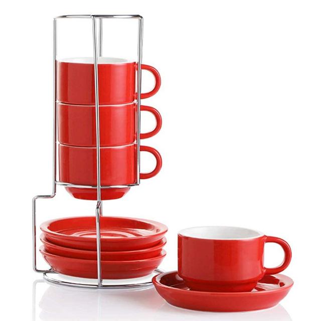 SWEEJAR Porcelain Espresso Cups with Saucers, 4 Ounce Stackable Cappuccino Cups with Metal Stand for Coffee Drinks, Latte, Tea - Set of 4 (Red)