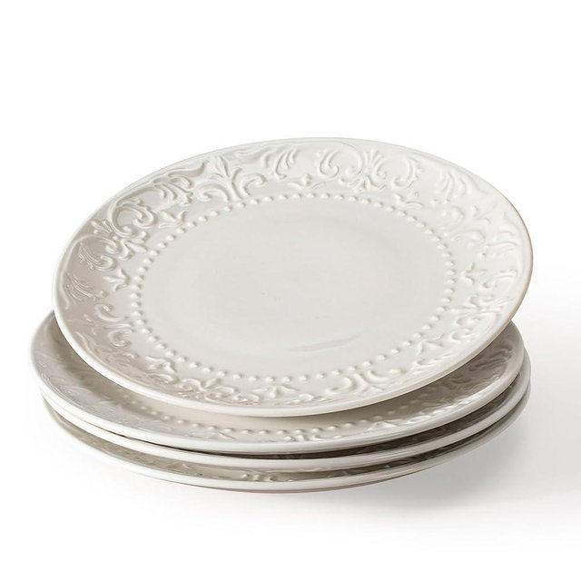 Wareland Salad Plates Set of 4 - 8.25 Inch Ceramic Embossed Appetizer and Dessert Plates, Modern White Small Dinner Set for Kitchen - Microwave, Oven and Dishwasher Safe (Brocade Flower)