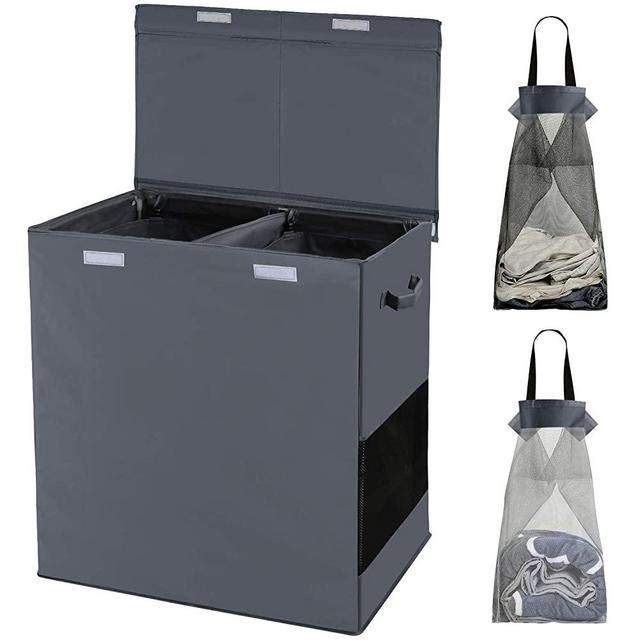 HOUSE AGAIN Double Laundry Hamper with Lid and Removable Laundry Bags,2 Dividers Dirty Clothes Basket with Handles for Bedroom, Laundry Room, Closet, Bathroom, College(Dark grey)