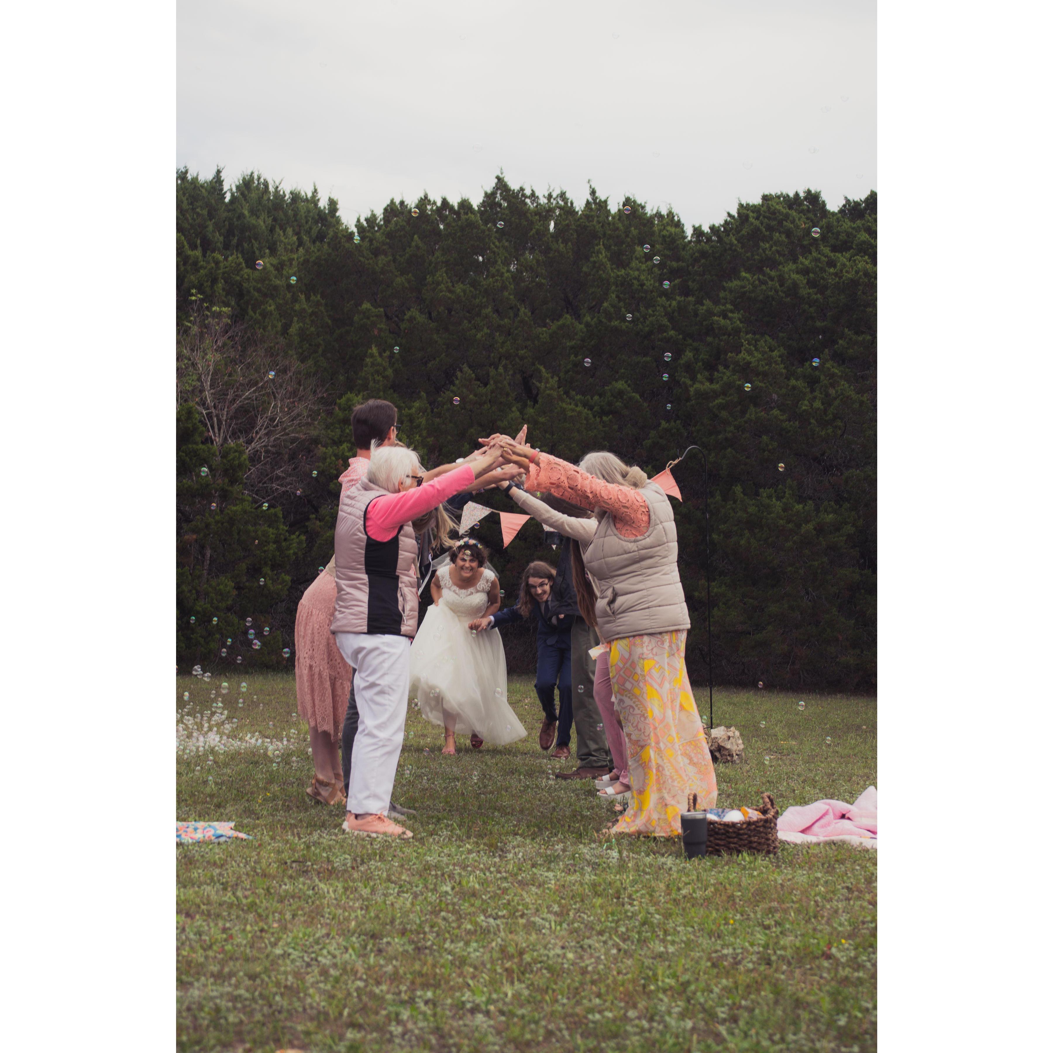 Running through the tunnel after the ceremony.
