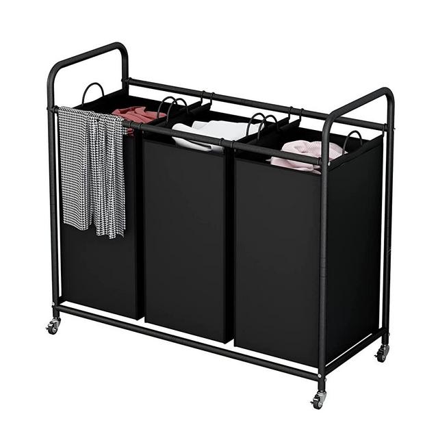 SUOERNUO Laundry Sorter 3 Bag Laundry Hamper Cart with Rolling Lockable Wheels and Removable Bags Laundry Organizer Cart for Clothes Storage, Black