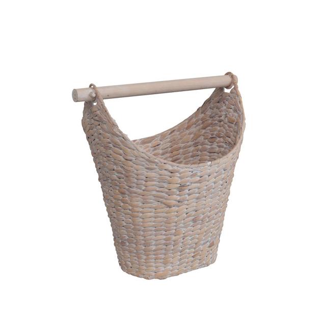 happimess Talia Classic Coastal Hand-Woven Water Hyacinth Toilet Paper Basket with Wood Bar, White Wash