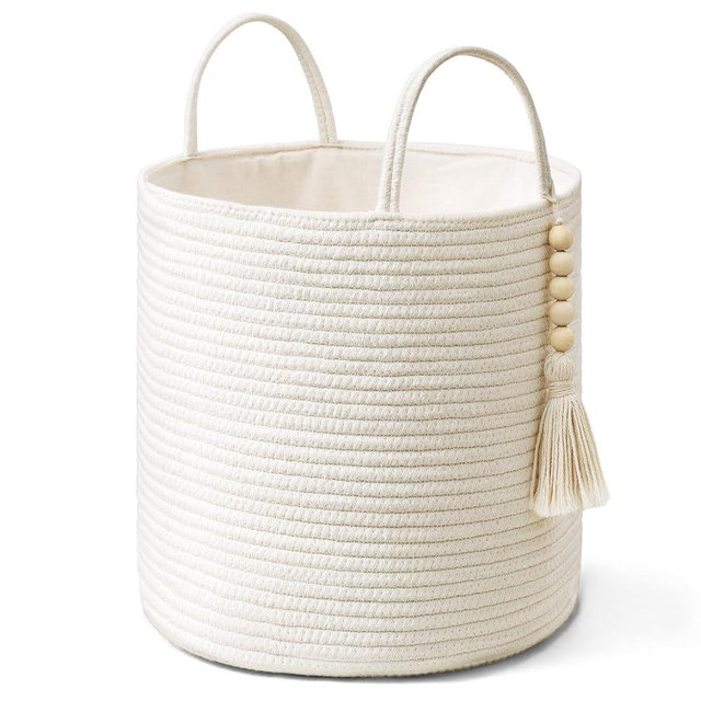 Mkono Woven Storage Basket Small Decorative Cotton Rope Basket with Bead Tassel for Storage Toys Clothes Towls Pillows Organizer Bin with Handles Plant Basket Indoor Home Decor, 11", White
