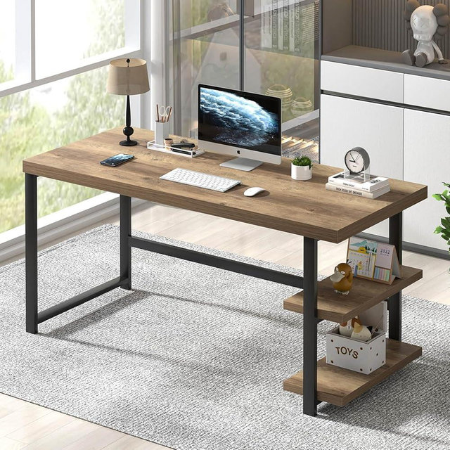 FOLUBAN 60 Inch Home Office Desk, Large Computer Desk with Storage Shelves, Modern Wood and Metal Writing Study Gaming Table Workstation for Living Room, Rustic Oak