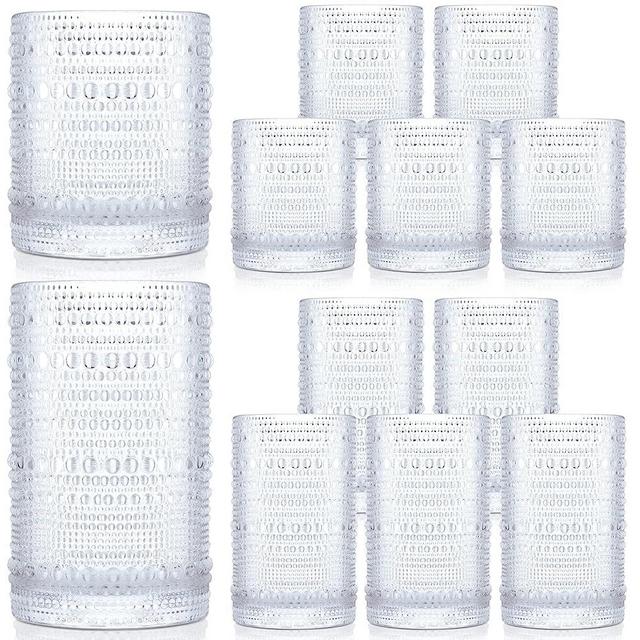 Nuanchu Hobnail Drinking Glasses 11 oz 14 oz Romantic Water Glasses Embossed Cocktail Glasses Tumbler Vintage Glass Cups Glassware Old Fashioned Beverage Glasses for Drinking Water Beer (Clear, 12)