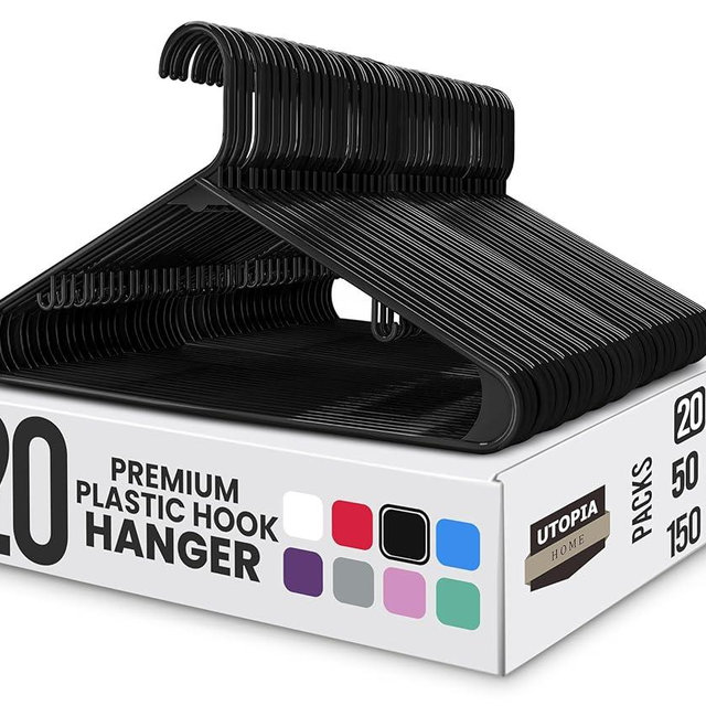 Utopia Home Plastic Hangers 20 Pack - Space Saving Clothes Hanger - Durable & Strong Closet Organizers and Storage with Built-in Strap Hooks - Essential for Shirts, Pants, Skirts & Coats (Black)