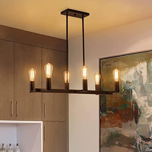 6-Light Linear Farmhouse Chandelier, Matte Black Kitchen Island Lights Metal Adjustable Height Pendant Light Fixture Ceiling Lamp for Kitchen Dining Room Living Room Stairway