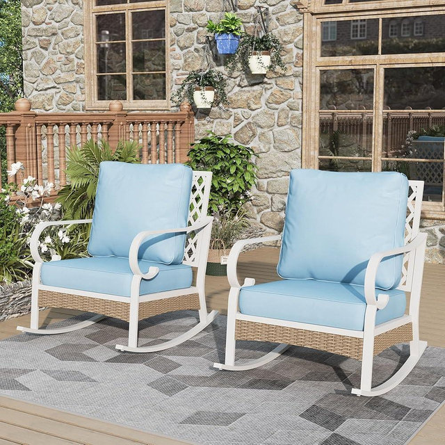 MIXPATIO Patio Rocking Chairs Set of 2, Outdoor Sofa Chairs with Deep Seating and 5.5" Cushions, Steel Frame Porch Furniture for Lawn Backyard Deck, Light Blue