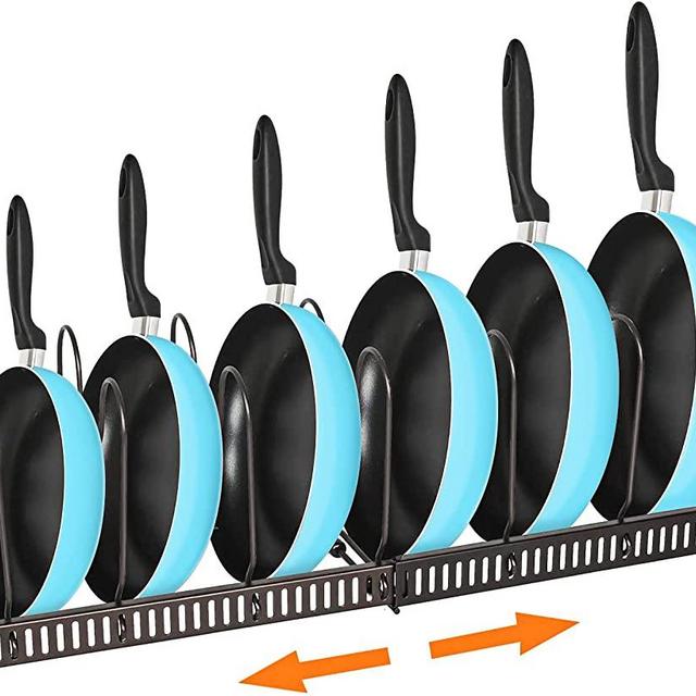 MDHAND Pan Organizer Rack for Cabinet, Expandable Pan Pot Lid Organizer Rack with 7 Adjustable Dividers, Kitchen Cookware Storage Rack