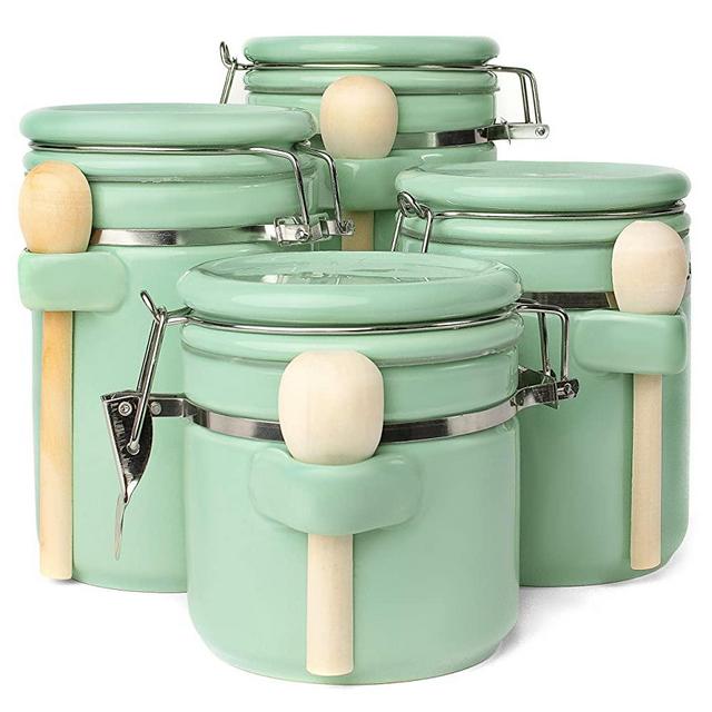 Home Intuition Ceramic Kitchen Canisters Set of 4 with Wooden Spoon Set – Airtight Containers, Metal Latches for Utmost Freshness – Sugar, Coffee, Flour, Tea & More | Mint