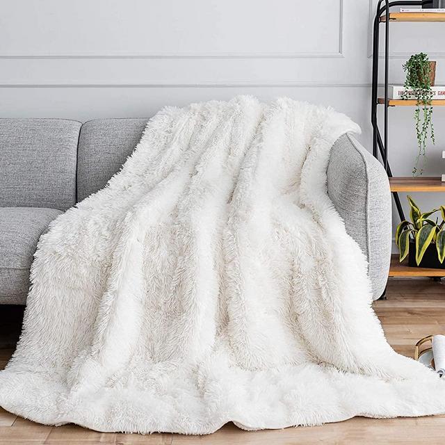 BUZIO Shaggy Faux Fur Weighted Blanket 15lbs, Super Soft Plush Fleece and Cozy Sherpa Reverse, Decorative Long Fur Throw Blankets 60"x80" Cream