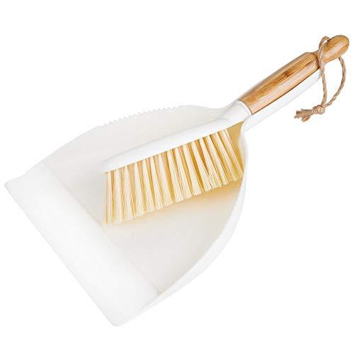 mDesign Hand Held Dustpan and Brush Set - Angled Brush Head, Long Bamboo Wood Handle with Hanging Loop - for Household Cleaning, Kitchen, Garage, Bathroom, Laundry or Utility Room - White/Natural