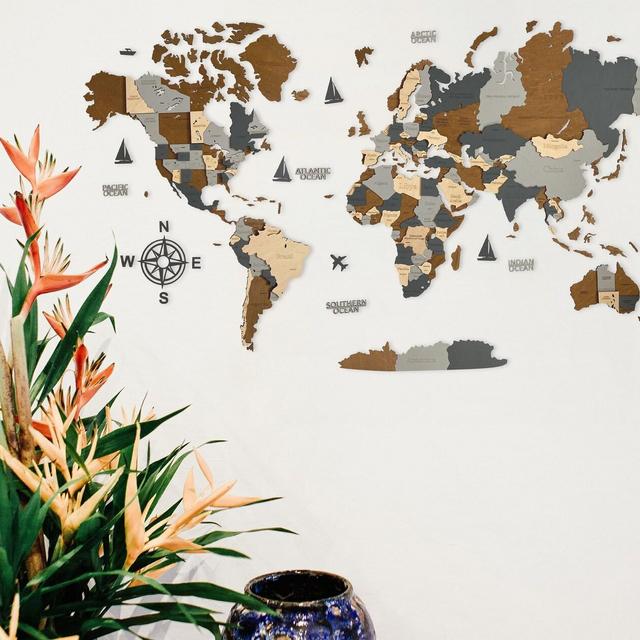 Brown and gray world travel map, push pin travel map, wooden wall map, valentine gift idea