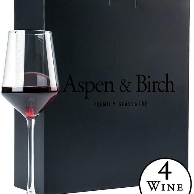 Aspen & Birch - Classic Wine Glasses Set of 4 - Red Wine Glasses or White Wine Glasses, Premium Crystal Stemware, Long Stem Wine Glasses Set, Clear, 15 oz, Hand Blown Glass Crafted by Artisans