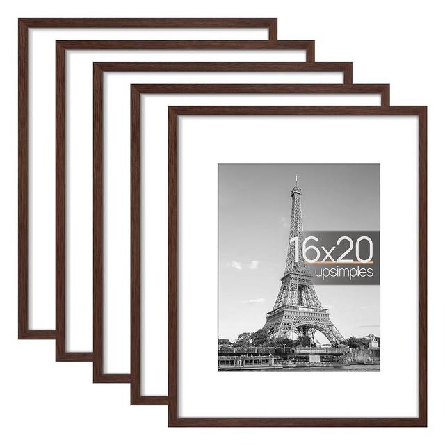 upsimples 16x20 Picture Frame Set of 5, Display Pictures 11x14 with Mat or 16x20 Without Mat, Wall Gallery Poster Frames, Brown