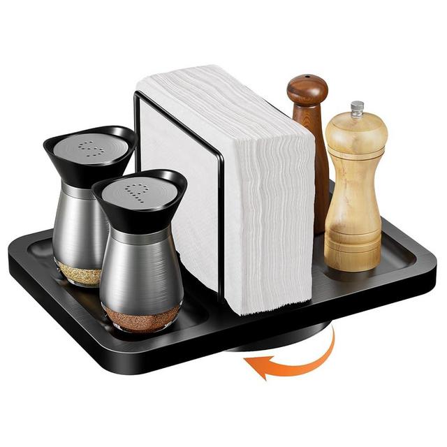 Napkin Holder for Table, Rotating Bamboo Iron Standing Napkin Holder with Salt and Pepper Shakers Caddy, Black Metal Napkin Dispenser for Home Kitchen Farmhouse Decor Not Including Shakers