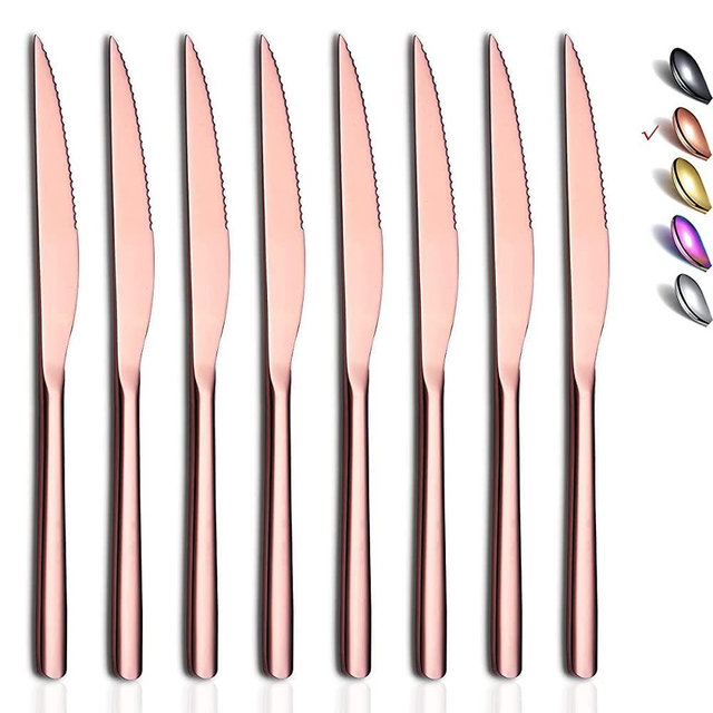 Copper Steak Knives, 8 Piece Premium Stainless Steel Steak Knife Set, Meat Knife Sets, German Steak Knives Serrated, Tomato Knife, For Home, Kitchen or Restaurant, Dishwasher Safe (9.2 Inch)
