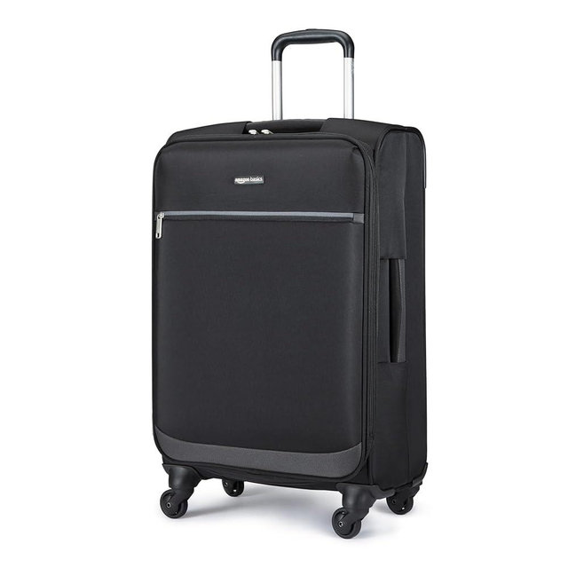 Amazon Basics 23" Medium Checked Softside Luggage Suitcase with Spinner Wheels, Expandable Space, Zippered Pockets, Telescopic Handle, Black