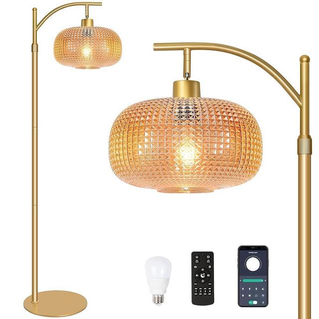 Duoled Glass Floor Lamp for Living Room with Amber Glass Lampshade, Dimmable Modern Standing Lamp with 12W LED Bulb, Remote Control Tall Lamp for Bedroom