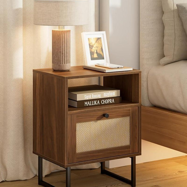 Apetaccat Rattan Nightstand, Boho Night Stand Farmhouse Wood Bedside Table with Storage and Open Shelf, End Side Accent Table for Bedroom,Living Room,Walnut