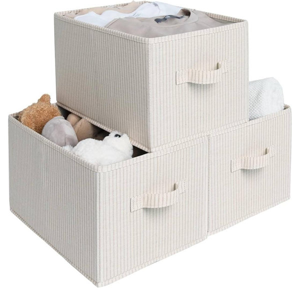 StorageWorks Storage Baskets for Shelves, Foldable Fabric Closet Storage Bins with Handles, Fabric Storage Bins Clothes Organizer, Beige Stripes, 3-Pack, Medium