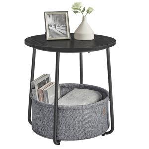VASAGLE Small Round Side End Table, Modern Nightstand with Fabric Basket, Ebony Black and Slate Gray ULET223B01