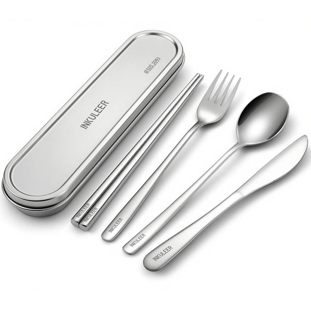 INKULEER Travel Cutlery Set - 18/8 Stainless Steel Reusable Utensils with Metal Case, Portable Silverware for Camping, Office, Travel & Outdoor Dining