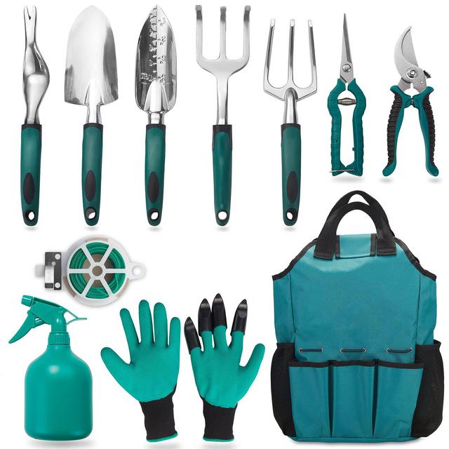 FiveJoy Garden Tool Set, 11 Piece Aluminum Alloy Steel Hand Tool Starter Kit with Garden Bag, Outdoor Tool, Heavy Duty Gardening Work Set with Ergonomic Handle, Gardening Tools-Gift for Women and Men