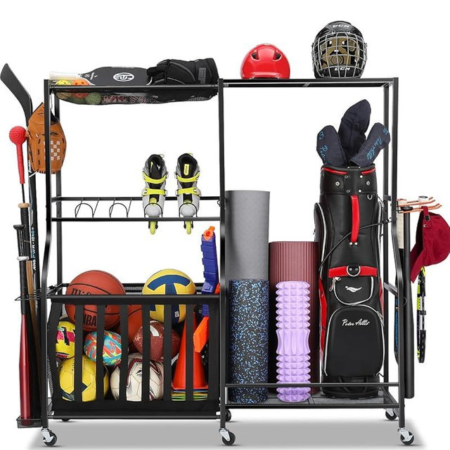 EXTCCT Garage Sports Equipment Organizer with Wheels - Golf Bag Storage Rack and Ball Storage Bins, Heavy Duty Rolling Garage Organizer System with Basket and Hooks for Indoor (Black-Large)