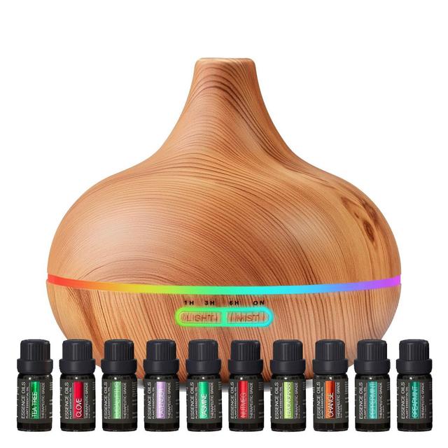 Ultimate Aromatherapy Diffuser Essential Oil Set - Ultrasonic Diffuser Top 10 Essential Oils - 400ml Diffuser with 4 Timer 7 Ambient Light Settings - Therapeutic Grade Essential Oils - Lavender