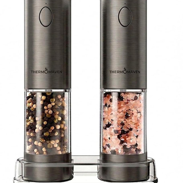 ThermoMaven Electric Salt and Pepper Grinder Set, 110ml Larger Rechargeable Automatic Salt and Pepper Mill Grinder with 6 Adjustable Coarseness, Electric Salt and Pepper Shakers, LED, Gun Grey