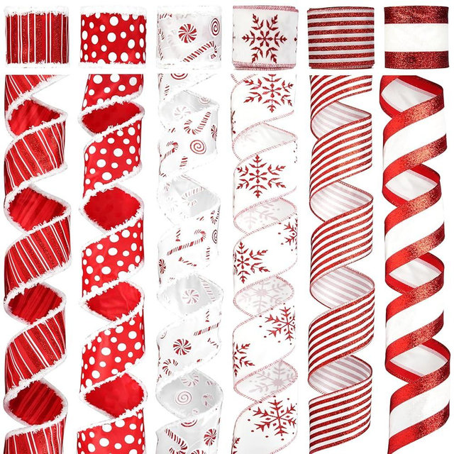 MAYREEL 2.5 Inch Red and White Christmas Ribbon Wired Candy Cane for Christmas Trees Wreaths Tree Toppers Crafts Home Decor Gift Wrapping 6 Rolls Total 36 Yards