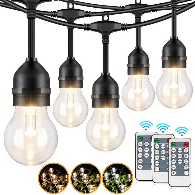 2-Pack 48FT 3-Color in 1 Outdoor LED String Lights for Patio with Remotes, 96FT Dimmable LED Edison String Light, Warm/Daylight White Shatterproof Waterproof Bistro Hanging Lights for Backyard Pergola