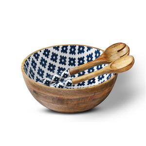 Wooden Salad Bowl Colorful Serving Bowls with 2 Servers, Top Quality Large Container Set with Tongs for Fruits, Pasta, Cereal and Vegetable - Round 12" Diameter x 5" Height, Geometric Design