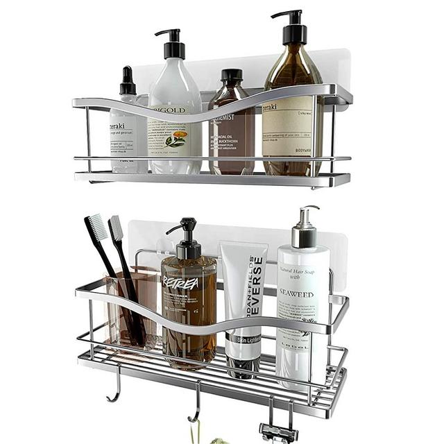 KINCMAX Shower Caddy Bathroom Shelf, No Drilling Traceless Adhesive Bathroom Storage Organizer, SUS304 Rustproof Food Storage Basket, 2-in-1 Kitchen Spice Racks-2 Pack (Polished Silver)