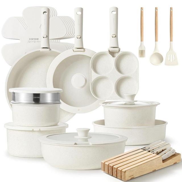 CAROTE 33pcs Pots and Pans Set Non Stick, Cookware Set, Removable Handle Pots and Pans Nonstick, RV Oven Safe Cookware, Induction Kitchen Cookware Set, Knife Set, Cream White