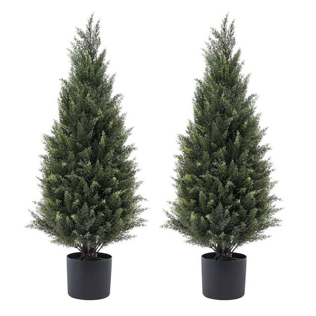 Gonuien 4ft(48”) Artificial Cedar Outdoor Artificial Shrub Sunlight Resistant Leafy Potted Plant Plant for Indoor Porch of Home and Office Artificial Outdoor Tree 2 Pieces a Set Topiary Trees