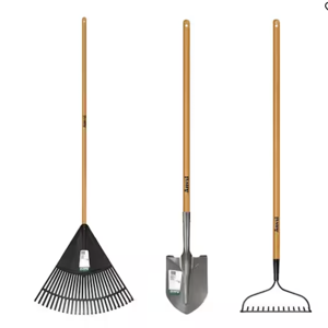 3-Piece Wood Handle Garden Essentials Tool Set (Poly Leaf Rake, Digging Shovel and Bow Rake)