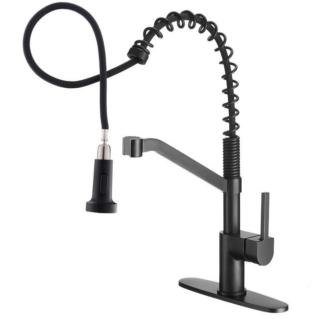 OWOFAN Kitchen Faucets with Pull Down Sprayer Solid Brass Matte Black Industrial Single Handle One Hole Or 3 Hole Faucet for Farmhouse Camper Laundry Utility Rv Wet Bar Sinks