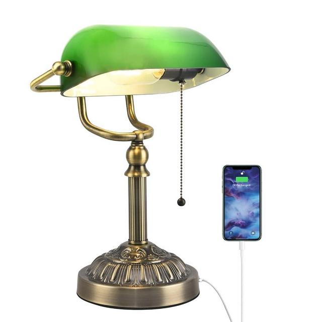 Rizzyluz Green Glass Bankers Desk Lamp, Vintage Desk Lamp with USB Charging Port, Traditional Farmhouse Table Lamp, Mid Century Desk Lamp Pull Chain for Home Office Library
