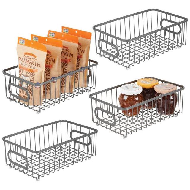 mDesign Metal Farmhouse Kitchen Pantry Food Storage Organizer Basket Bin - Wire Grid Design - for Cabinet, Cupboard, Shelves, Countertop, Bedroom, Bathroom, 4 Pack - Graphite Gray