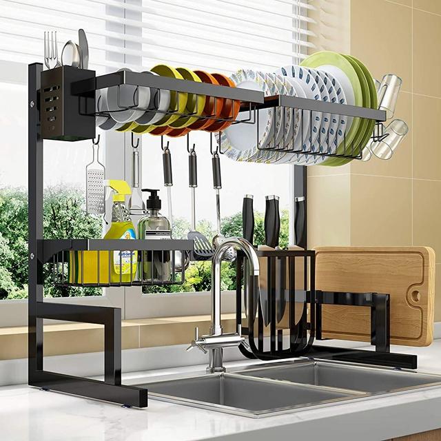 Over The Sink Dish Drying Rack Adjustable (25.6"-33.5"), 2 Tier Stainless Steel Dish Rack Drainer, Large Dish Rack Over Sink for Kitchen Counter Organizer Storage Space Saver with 10 Utility Hooks