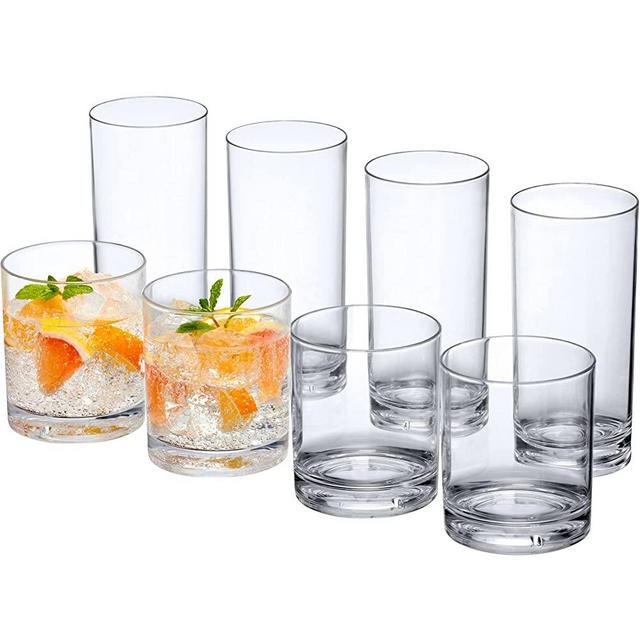 Amazing Abby - Probity - 12-Ounce and 16-Ounce Plastic Tumblers (Set of 8), Plastic Drinking Glasses, All-Clear High-Balls, BPA-Free, Shatter-Proof, Dishwasher-Safe