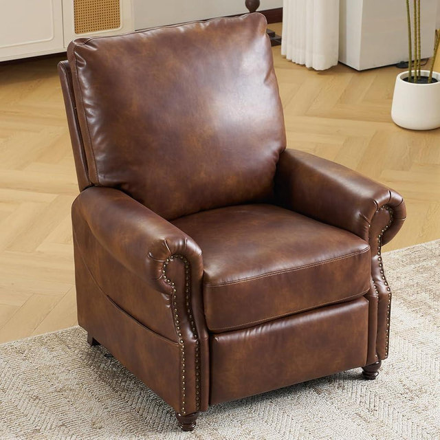 Pushback Recliner Chair with Massage and Heating, Breathable Leather Recliner Chair with Overstuffed Backrest and Rivet Decoration, Single Sofa Accent Chair for Living Room, Light Brown