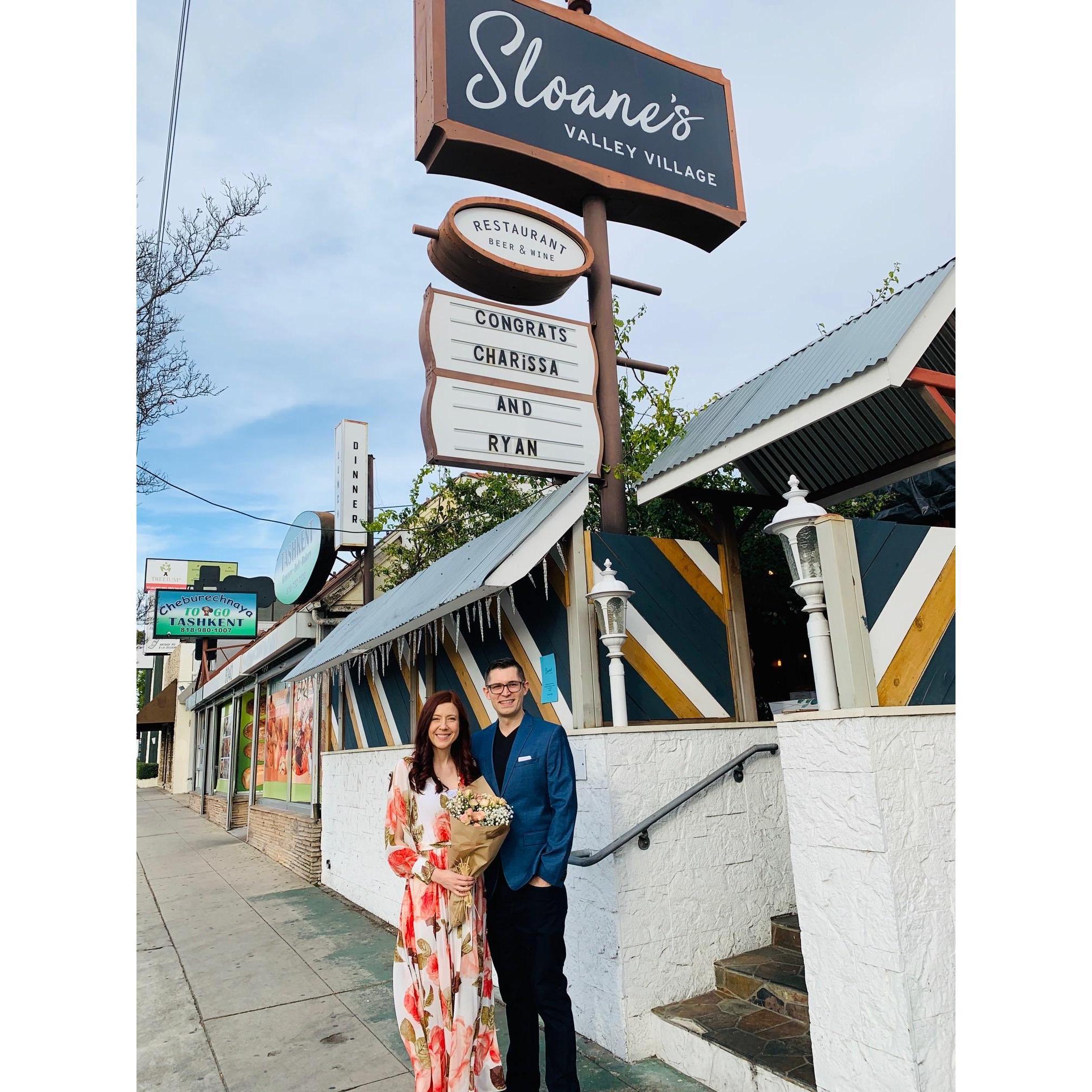 At our engagement party, Sloane’s restaurant put a congratulations message to us on their marquee!