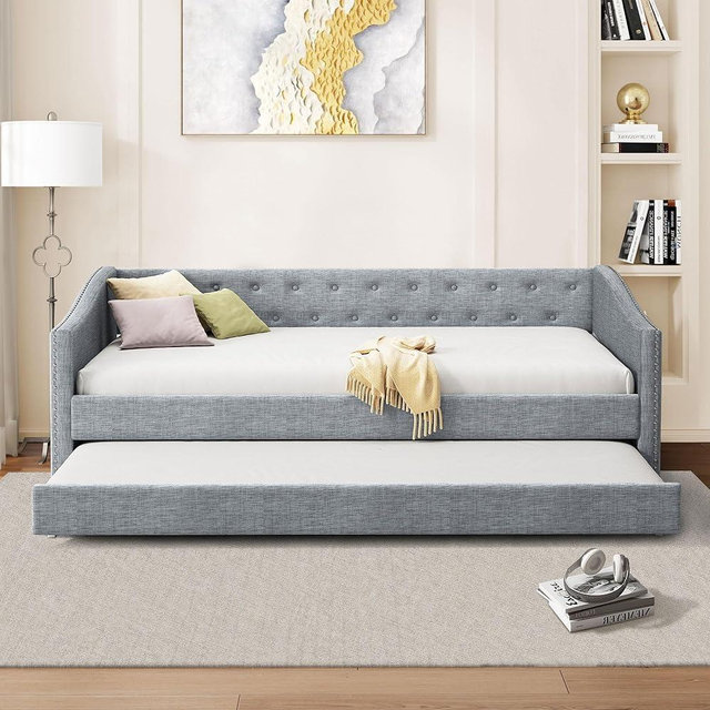 FAVSH Twin Size Upholstered Daybed with Trundle,Tufted Sofa Bed w/Button on Back and Piping on Waved Shape Arms for Bedroom Guest Room, No Box Spring Needed,Light Grey